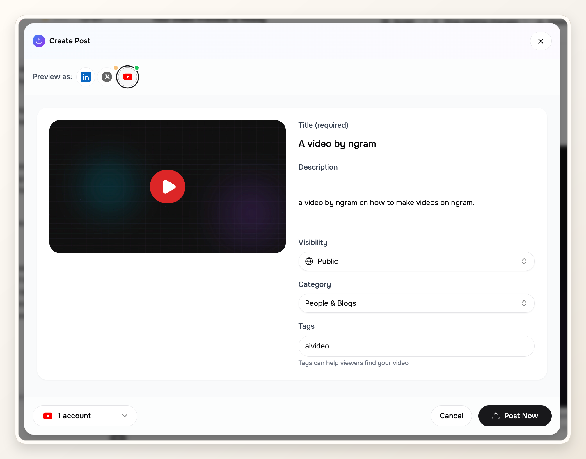 YouTube upload metadata screen with title, description, visibility, category, and tags filled in.