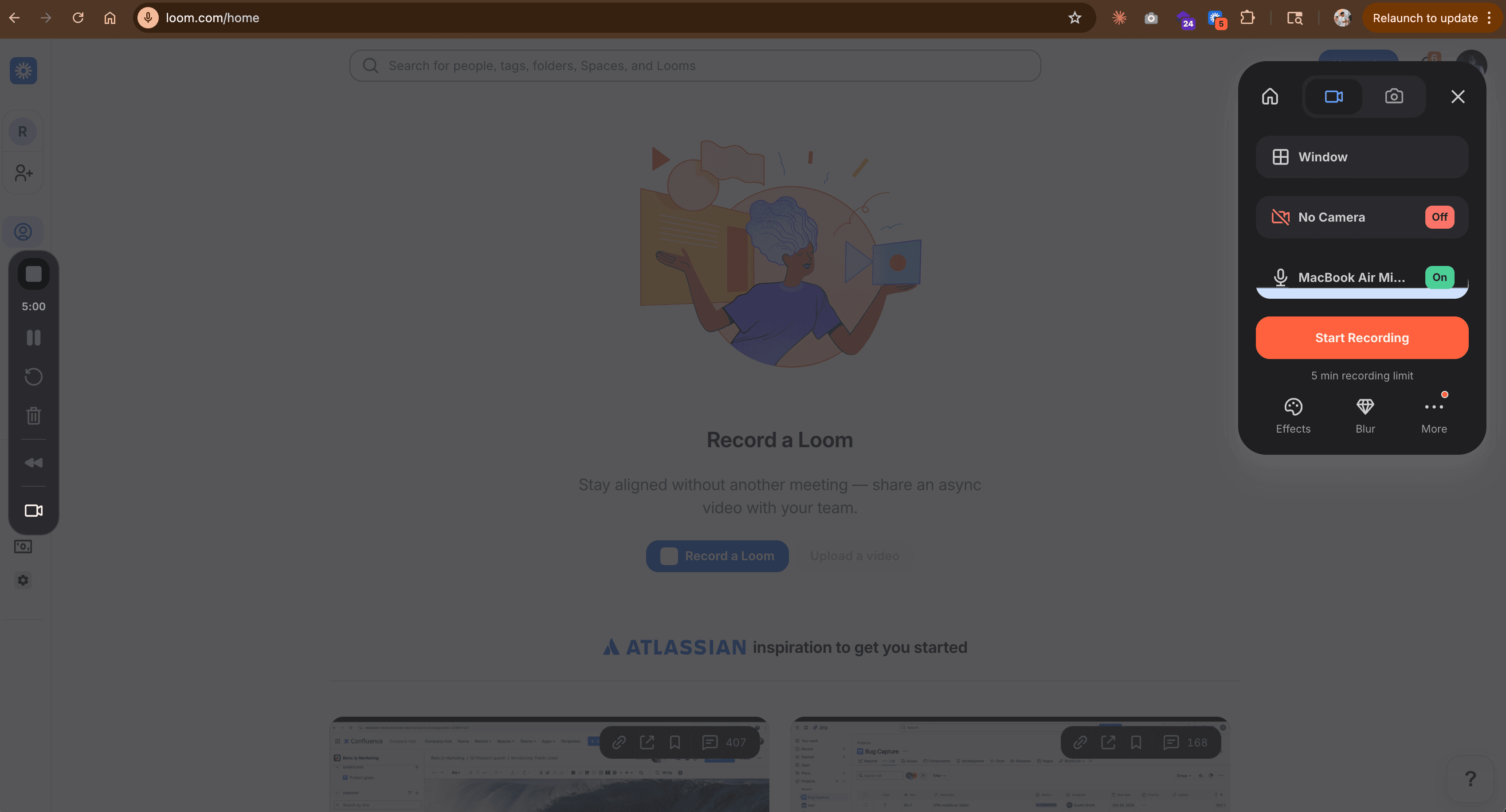 Loom screen recording interface with instant sharing