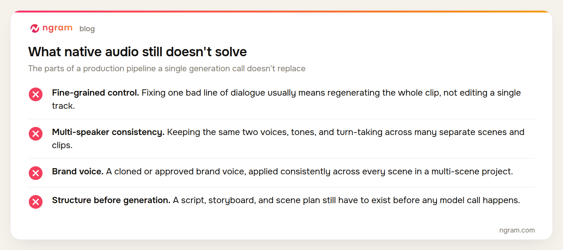 What native audio still doesn't solve: fine-grained control, multi-speaker consistency, brand voice, and structure before generation