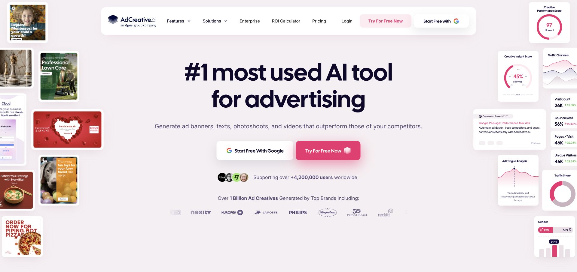 AdCreative.ai landing page for AI advertising creatives