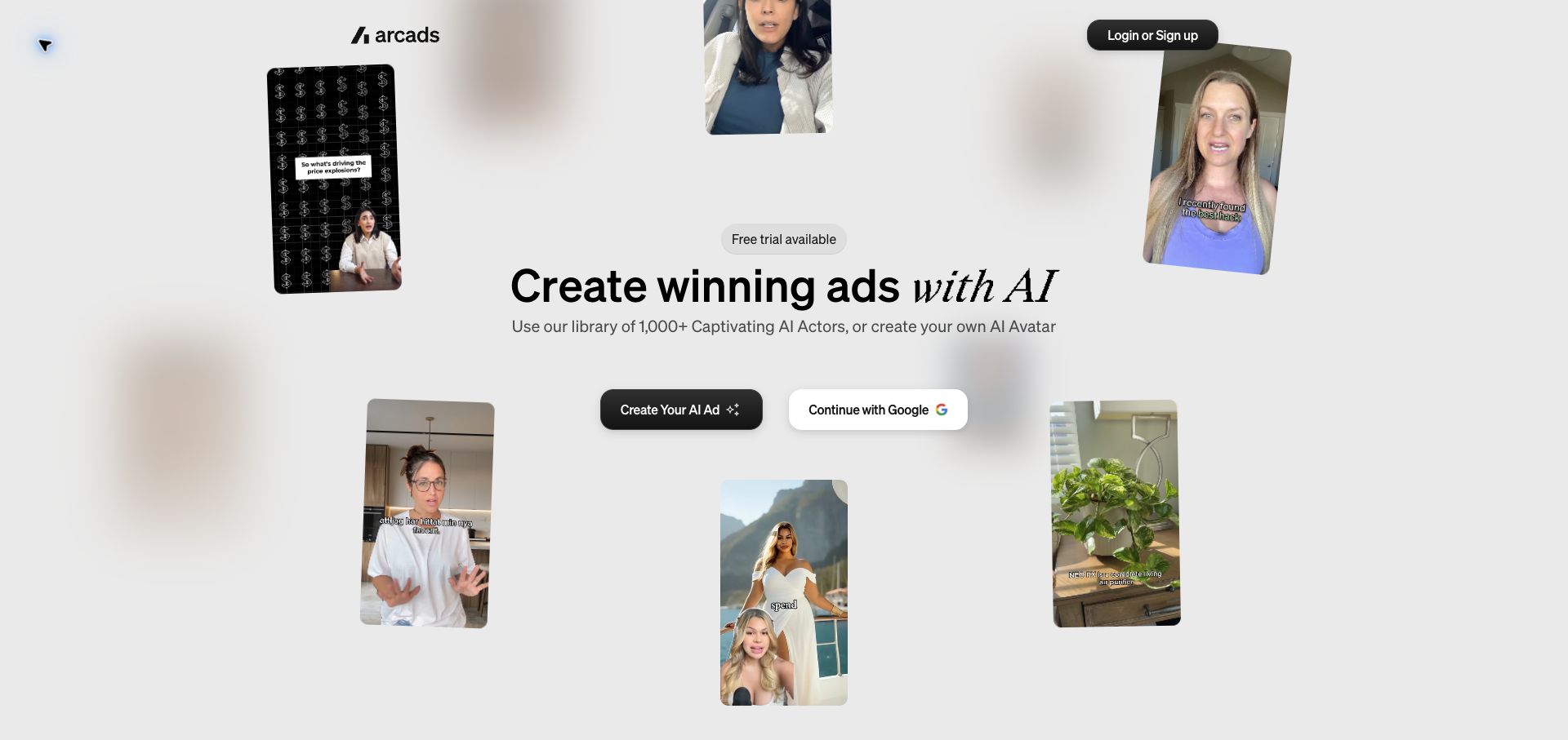 Arcads landing page showing AI actor ad examples