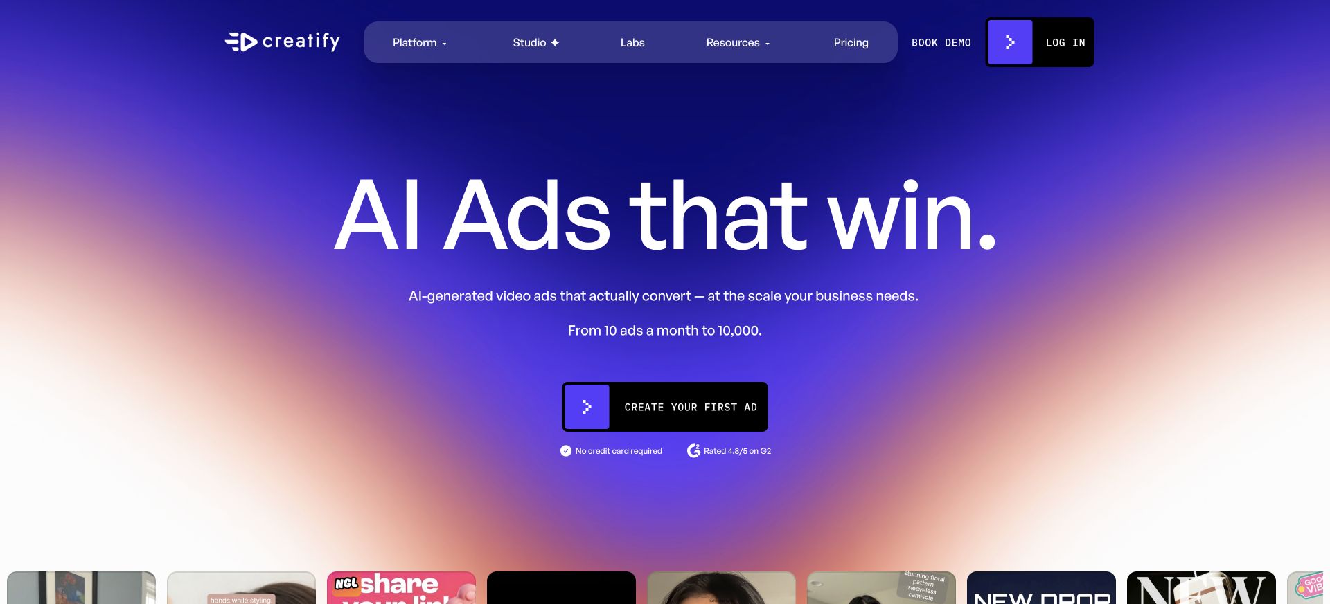 Creatify landing page with AI Ads that win headline