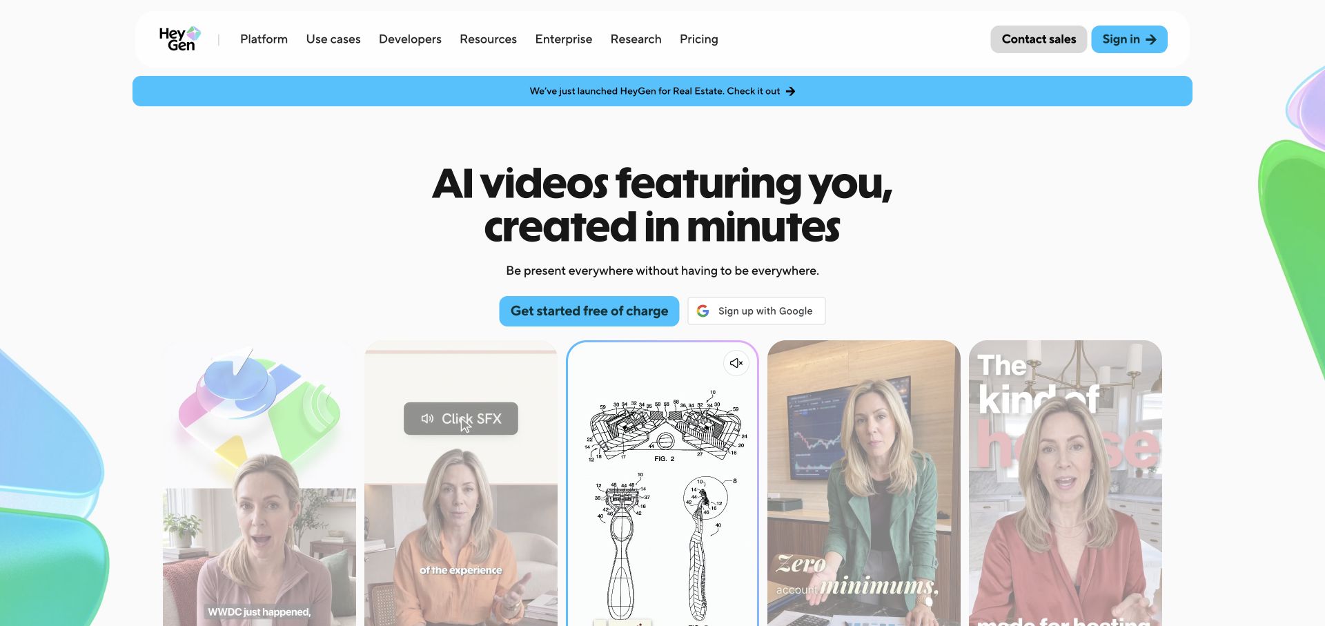 HeyGen landing page showing AI avatar videos