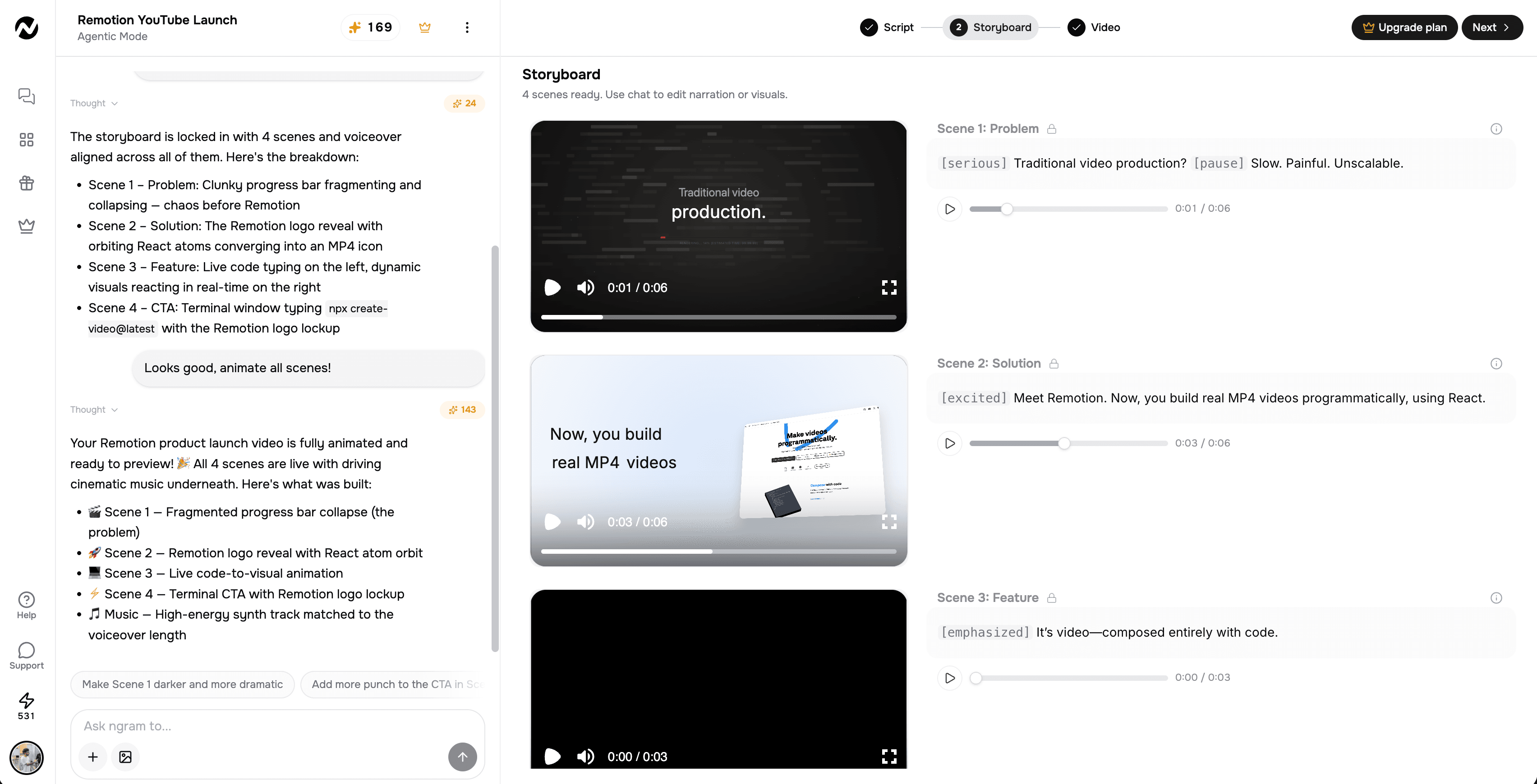 ngram video editor showing storyboard, script, and scene preview
