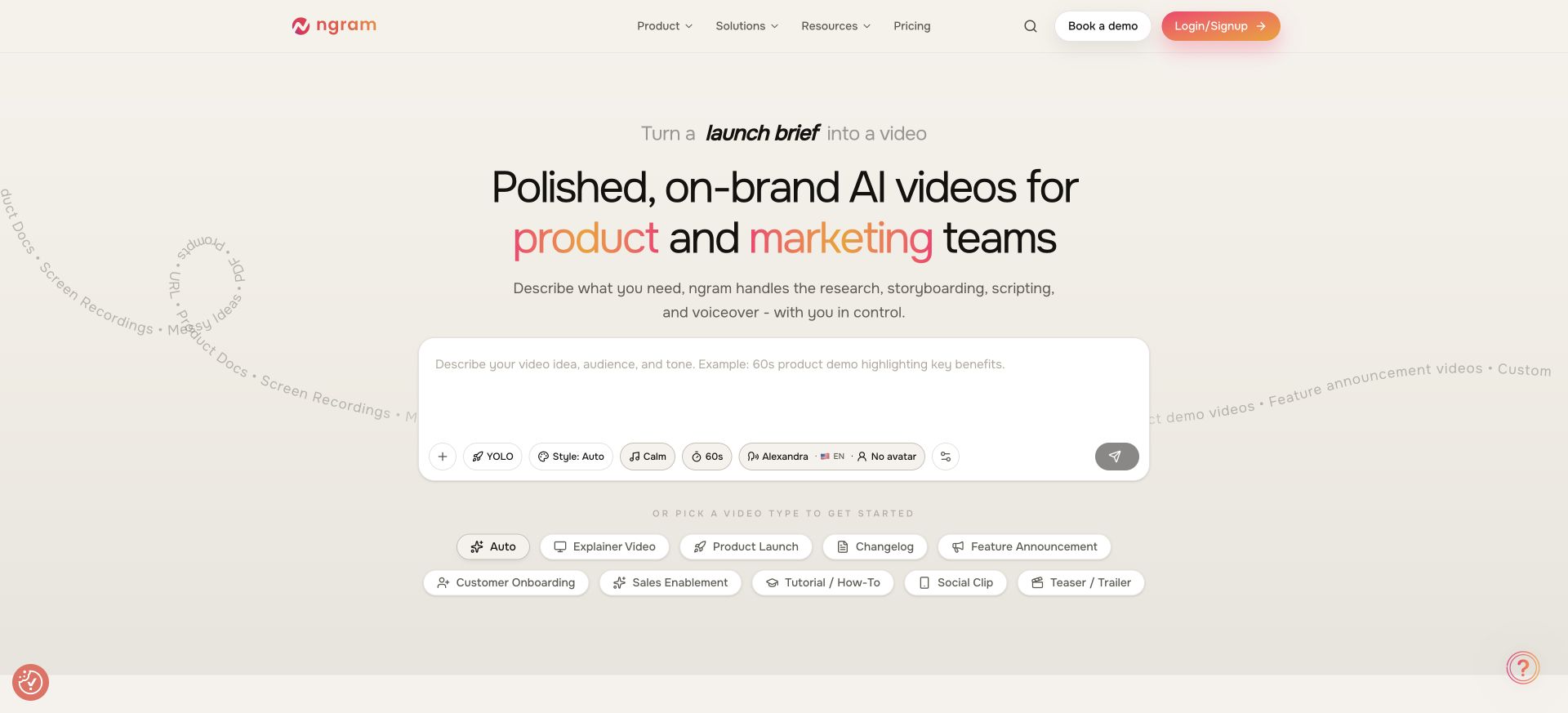 ngram landing page showing the AI video creation prompt
