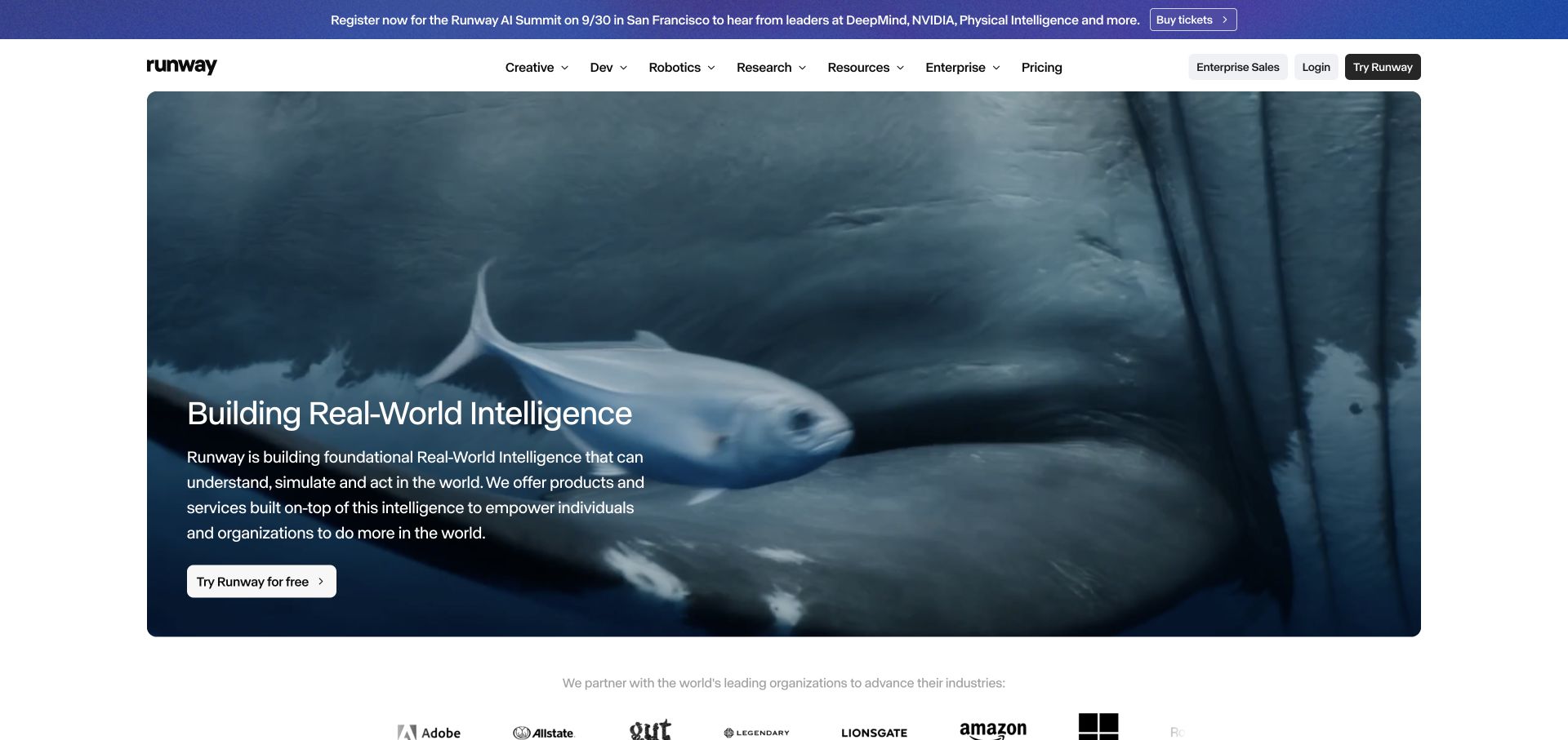 Runway landing page for its creative AI platform