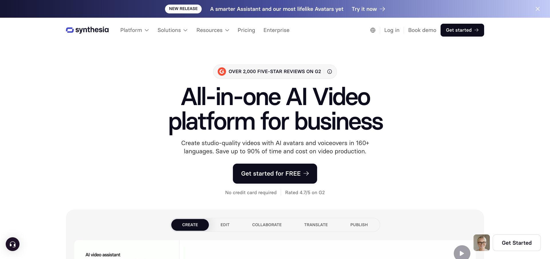 Synthesia landing page for its AI video platform
